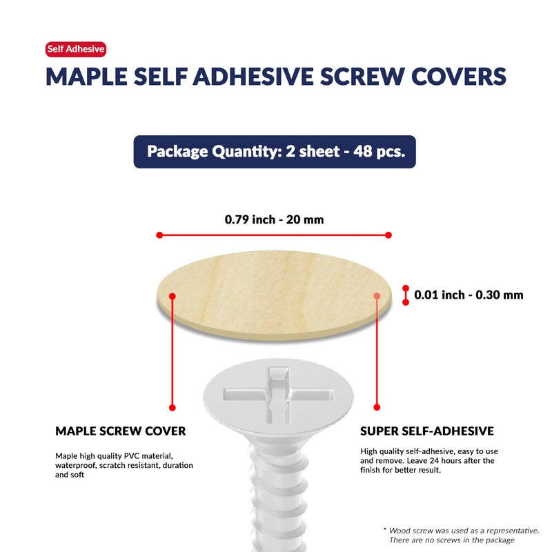 UNMAR Maple Self-Adhesive Screw Hole Stickers - 48 pcs. 0.79 inch / 20 mm Peel Stick Dust Proof Tape, Water Resistance PVC Caps for Wood Cabinets, Furniture, Drawer, Wardrobe, Kitchen, Table - Image 2